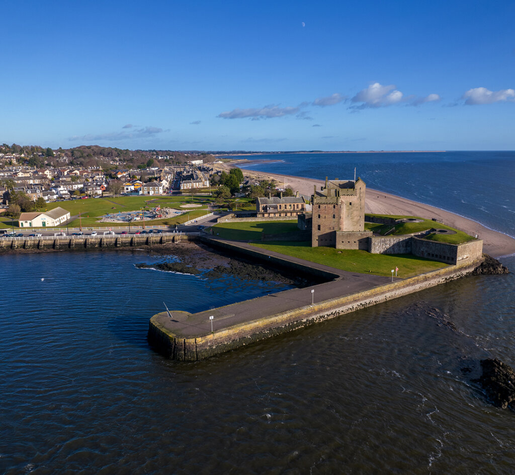 Aerial view of Broughty Ferry Castle by the sea