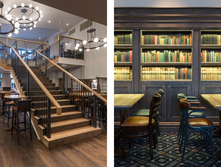 Wooden stairwell and dining seating next to bookcases at The Pilgrim's Progress