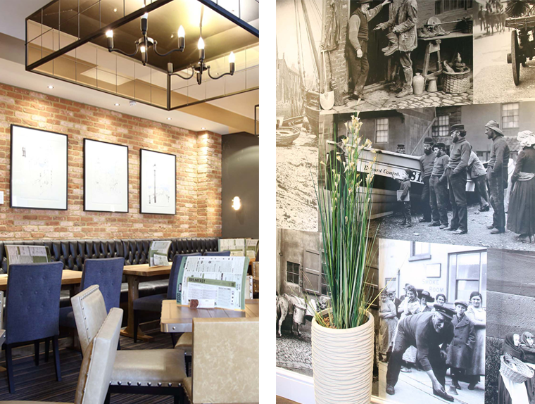 Seating area and historical photographs of Whitby inside The Angel Hotel