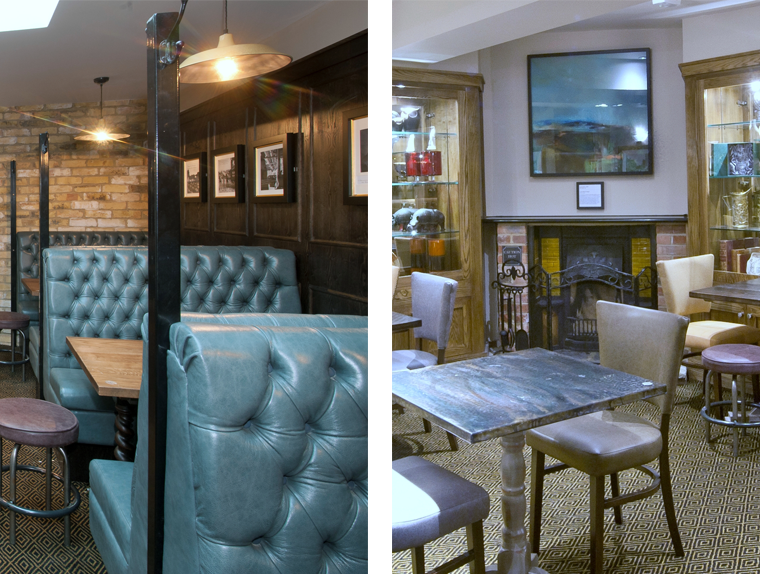 Table booths and seating inside The Bath Arms pub