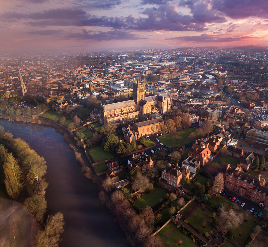 Aerial view of Worcester architecture and river at sunrise