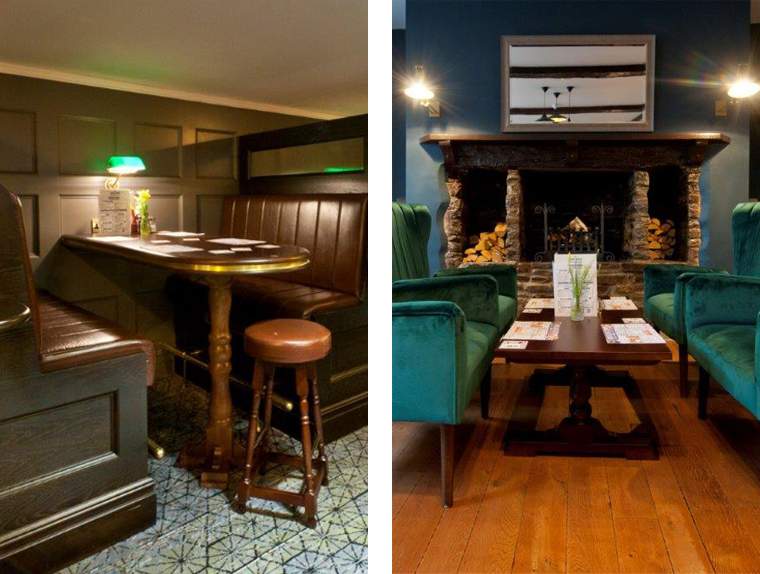 Pub seating booth and fireplace inside The George Hotel
