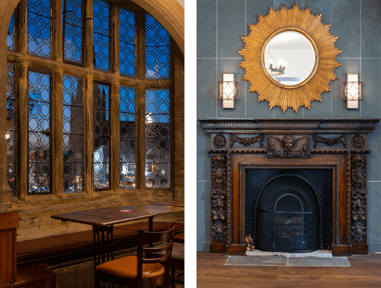 Dining area with medieval window and wooden fireplace at The King's Head pub