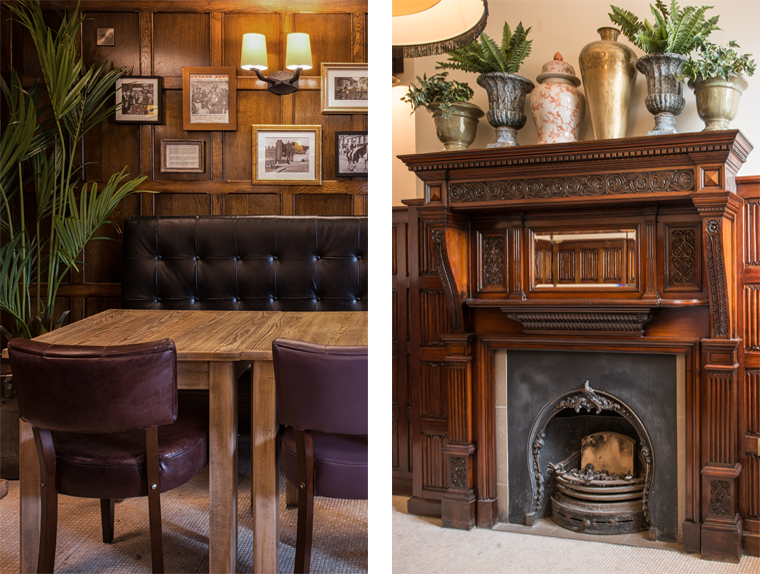 Wooden wall, table chairs and fireplace inside The Old Borough pub