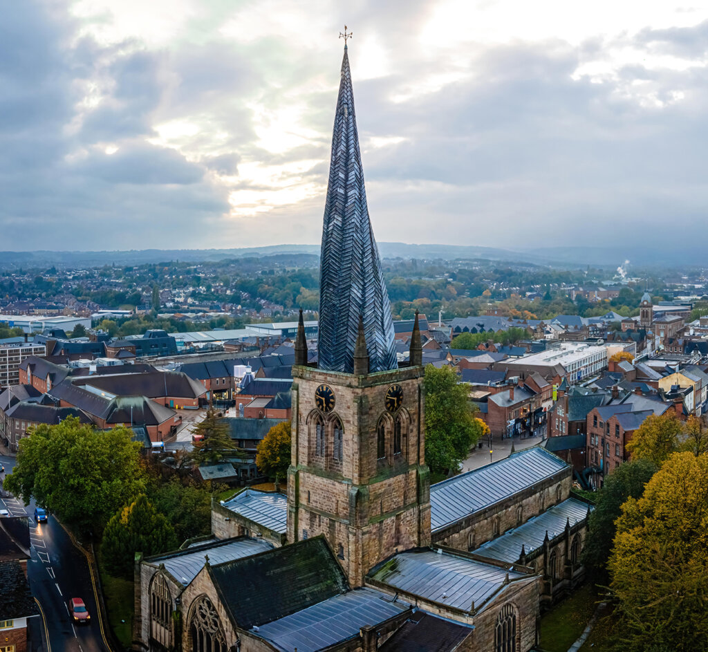 The crooked spire of the Church of St Mary and All Saints in Chesterfield