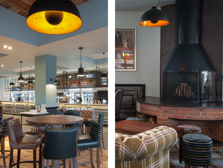 Dining area, seating and wood burning stove in The Saxon Crown pub