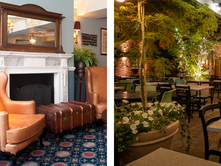 Leather armchairs and vintage trunk coffee table at The Swan Hotel pub