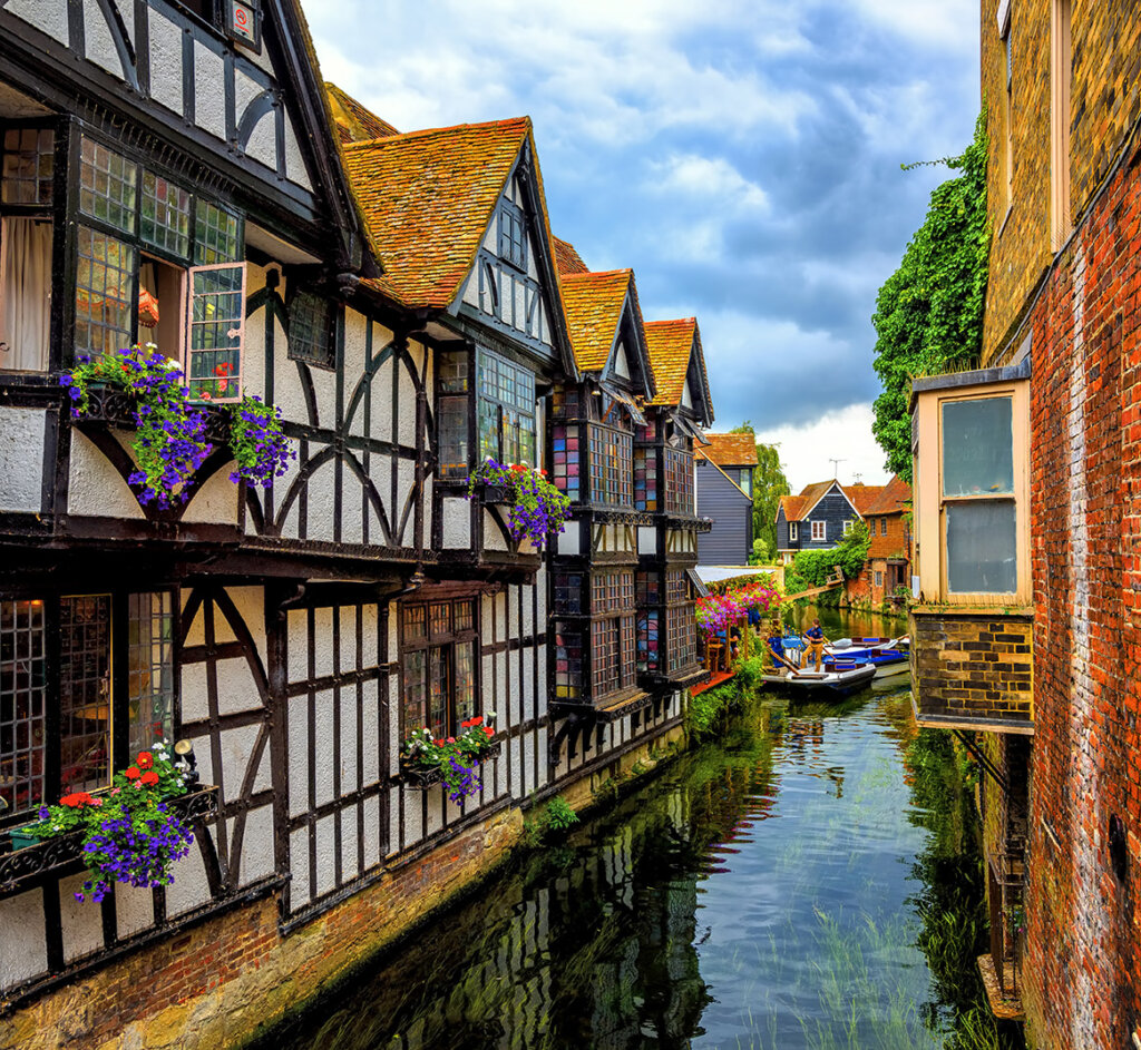 Medieval houses and river Stour in Canterbury Old Town