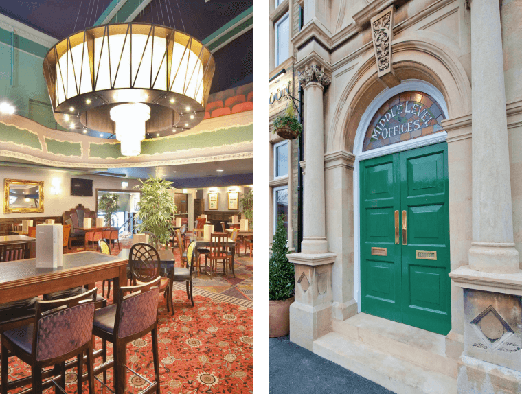 The interior of the Hippodrome pub, March with large chandelier, tables and chairs. Main double green exterior door with above stained glass window