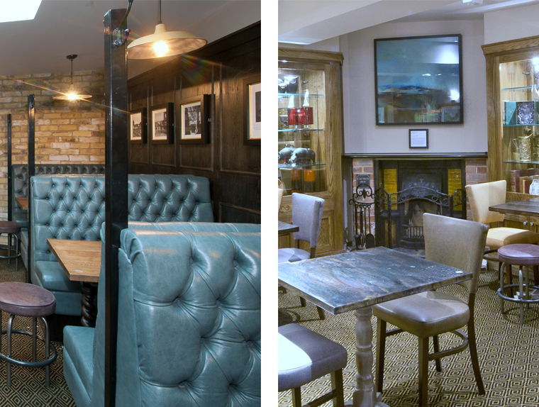Table booths and seating inside The Bath Arms pub