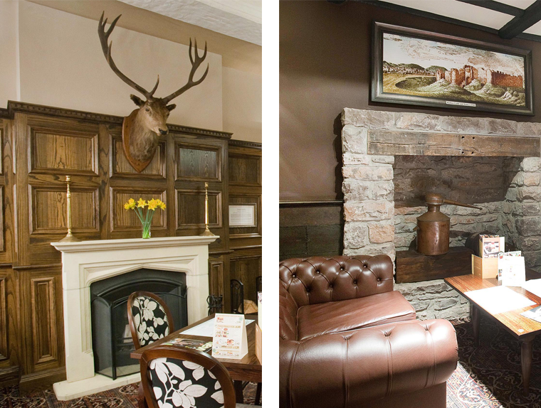 Seating area with fireplace and mounted deer head above