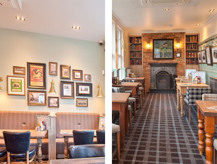Gallery wall, dining tables and chairs at The Queen Hotel pub